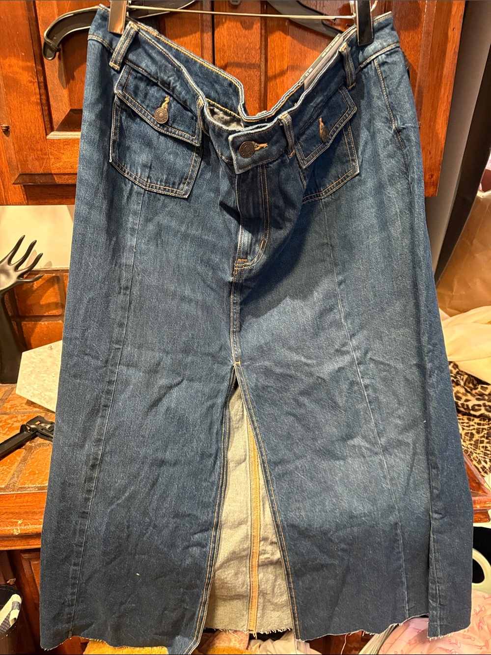 American Eagle Outfitters Dark Blue Denim Maxi Skirt with Front Slit